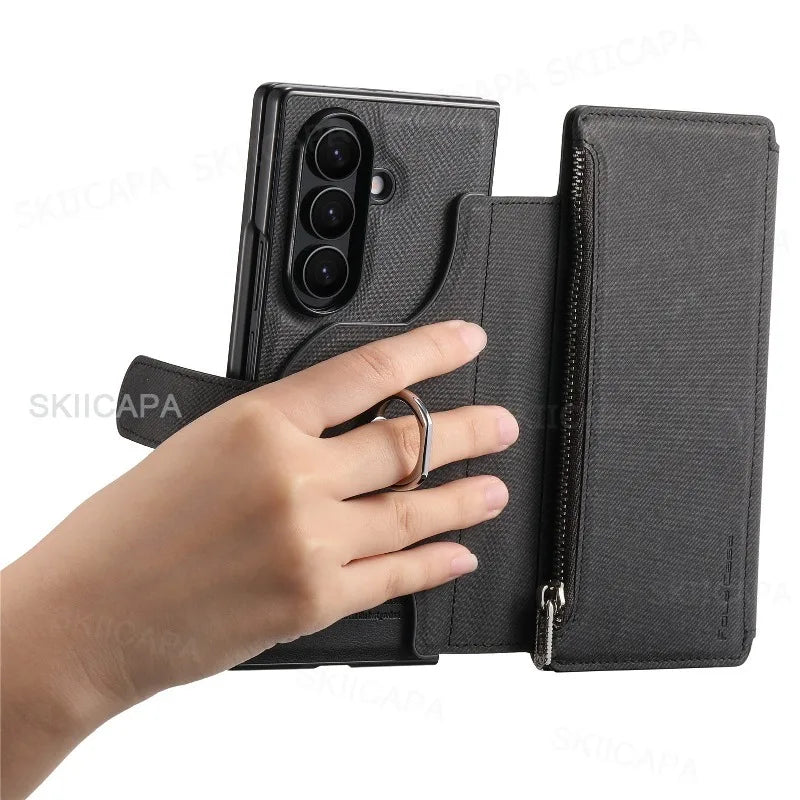 Zipper Wallet Magnetic Cover for Samsung Z Fold 7 Fold6 Fold5 Fold4 Fold3 Magsafe 2 in 1 Flip Leather Stand Holder Phone Bag