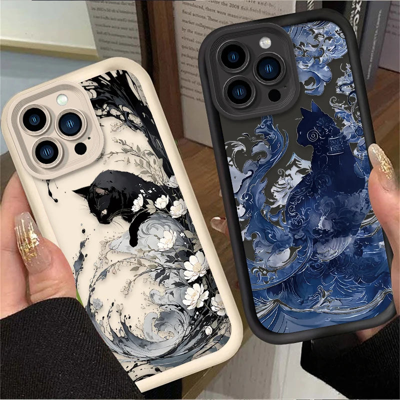 Oil Painting Artistic Cat Phone Case for IPhone 16 16E 15 14 13 12 11 Pro Max X XS X S Max XR SE 2020 SE4 7 8 Shockproof Cover