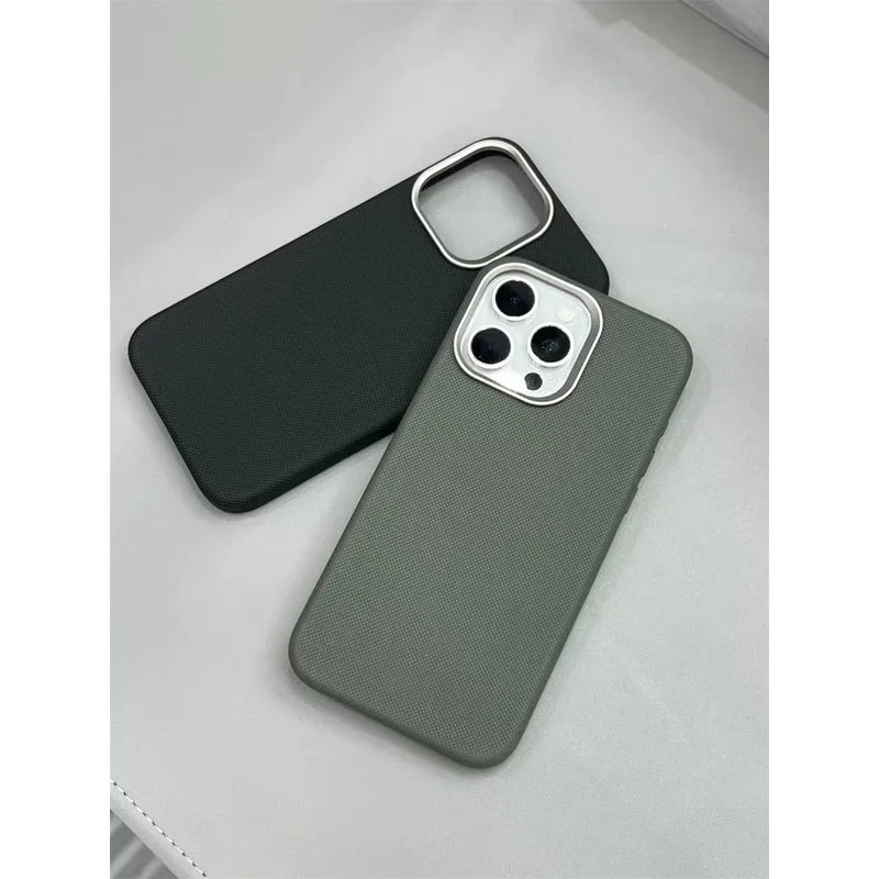 Luxury Diamonds Texture For Magsafe Leather Case For iPhone 17 13 14 15 16 Pro Max Alloy Len Wireless Charge Back Cover