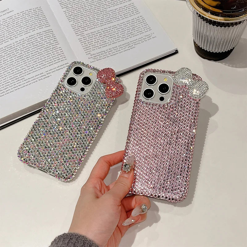 The Sparkling Diamond water diamond bow phone case is suitable for iPhone17pro 15, 14, 13, 16ProMax phone cases