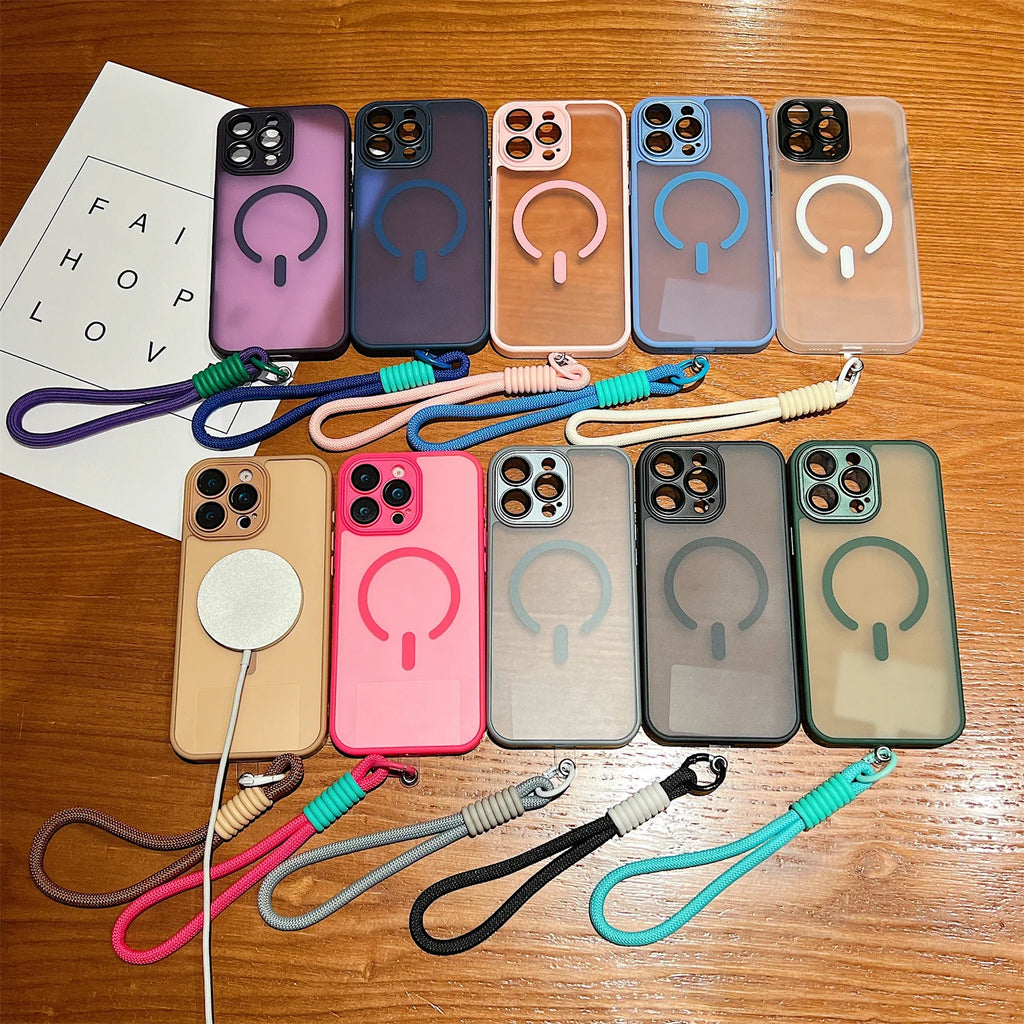 For iPhone 17 17Air 17Pro 17ProMax Magsafe Wireless Charge Matte Translucent Cove With lanyard Magnetic Armor Shockproof Case