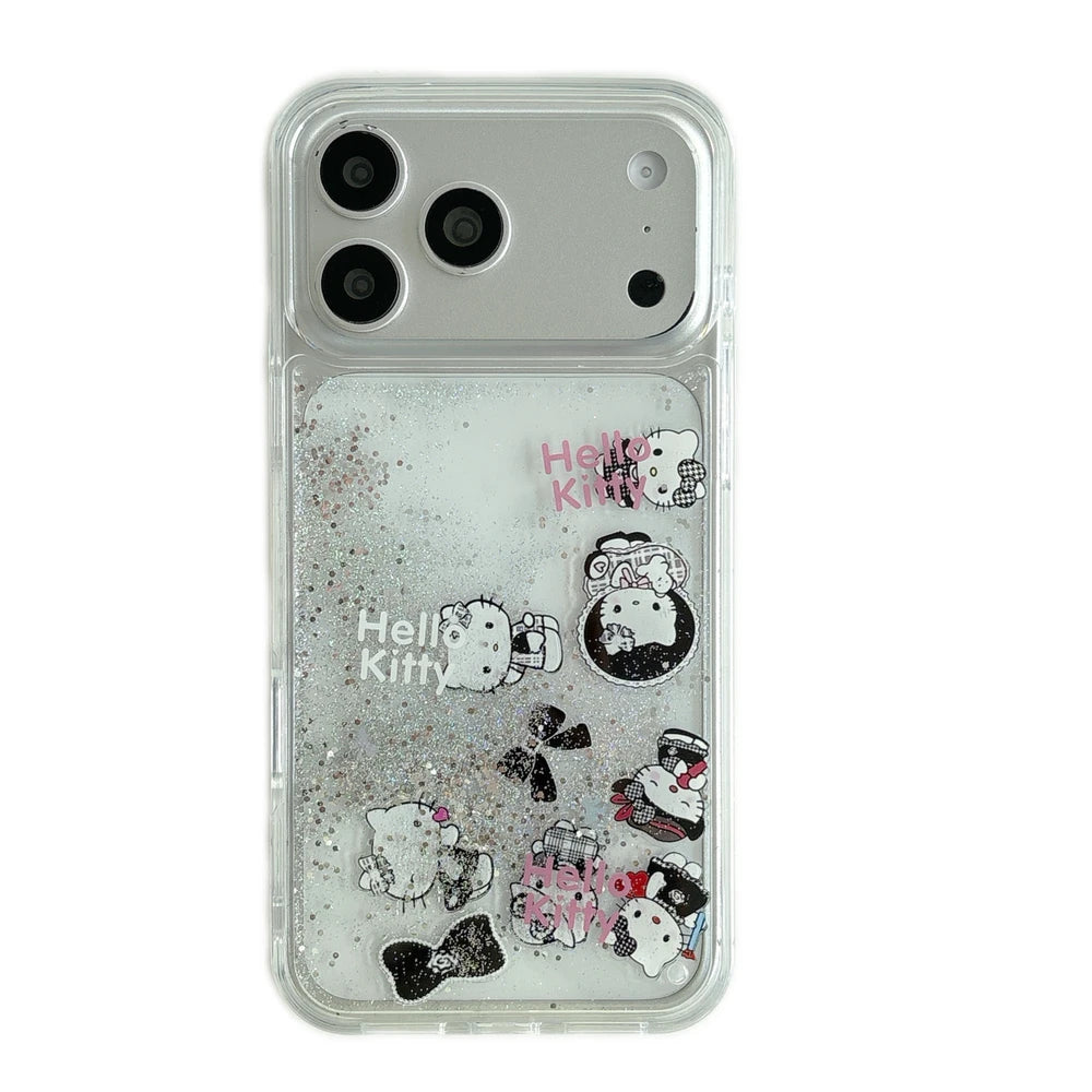 Cute Cartoon Sanrio Hello Kitty Bling Glitter Liquid Quicksand Phone Case For iPhone 17 16 15 14 13 Pro Max Clear Hard Cover