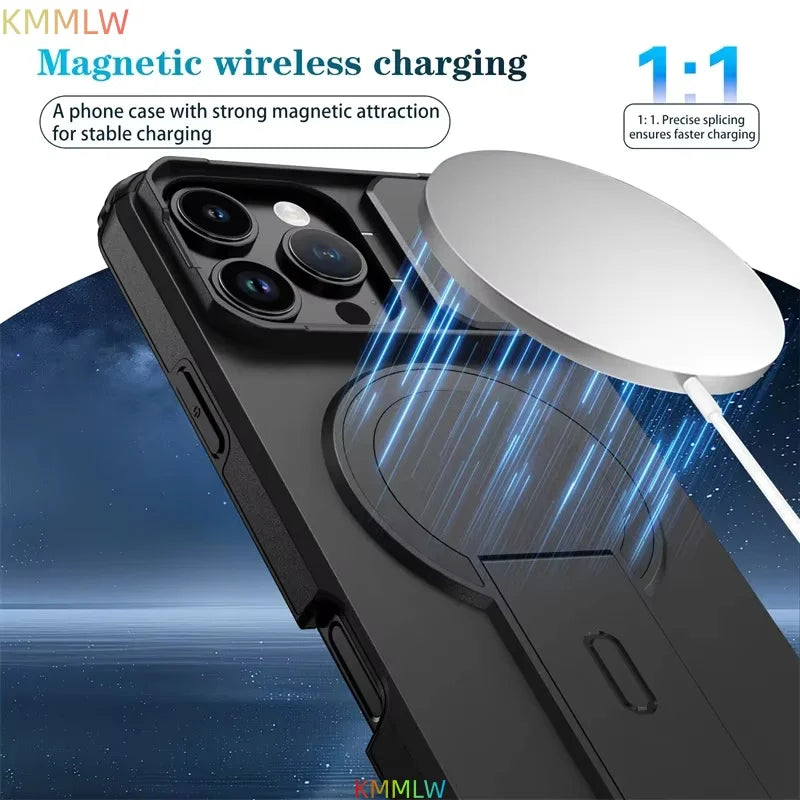 Lens Protect Camera Phone Case for iPhone 13 14 15 16 Pro Max 15Plus 16Plus 14Plus 16e 16 15 14 Pro 17 Magnetic Kickstand Cover