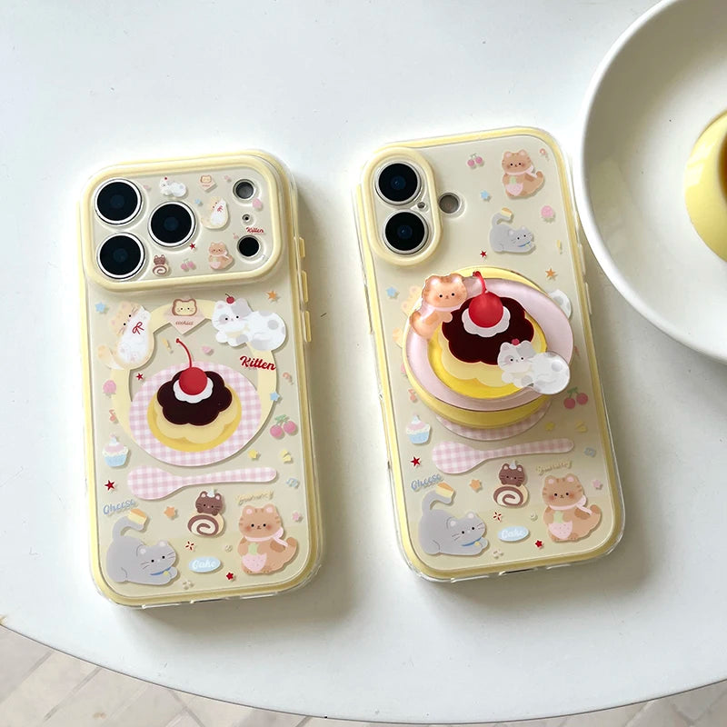 Korean Cute Cake Cat Magnetic Phone Case For iPhone 17 Pro 16 15 Pro Max Cover with Magsafe Stand Holder Shockproof Kawaii Cases