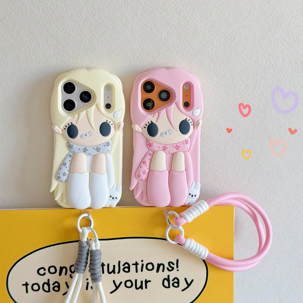 For iPhone 17Pro Max 16 Plus 15 14 13 12 Pro Max Phone Case 3D Cartoon Y2K Cute Little Girl Soft Silicone Cover With Lanyard