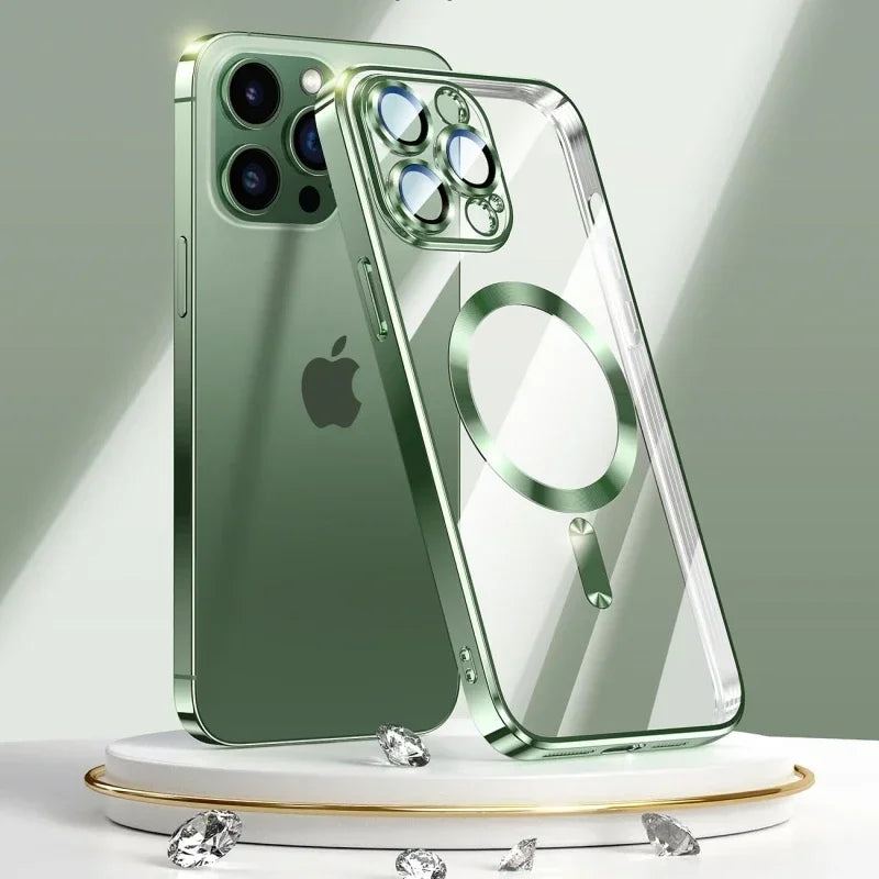 Plating Soft Clear Case For iPhone 17 Air 16 15 14 13 12 11 Pro Max Wireless Charging Magsafe Shockproof TPU Cover Weak Magnetic