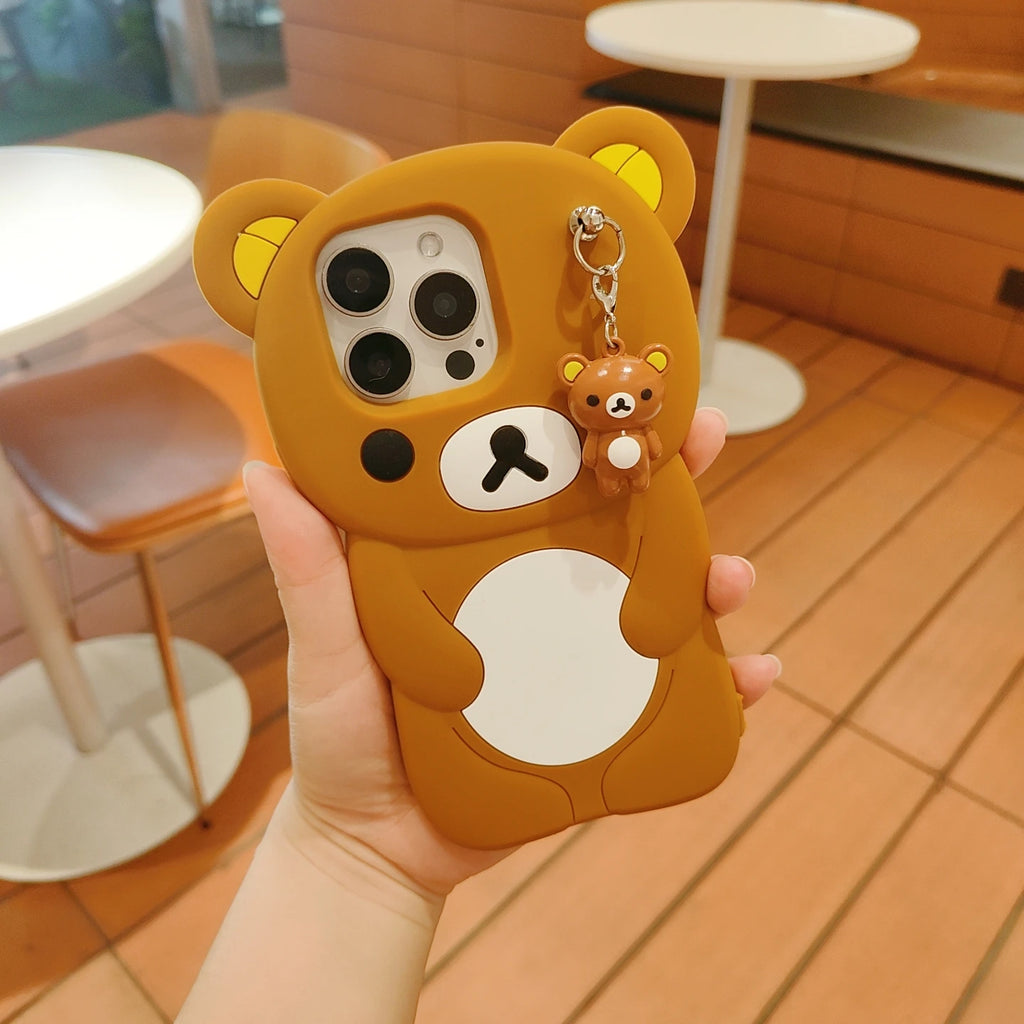 For iPhone 17 16 15 14 13 12 11 Pro Max SE 6 7 8 Plus Kawaii Rilakkuma Keyrings Silicone Soft Cover Doll Keychains Phone Case