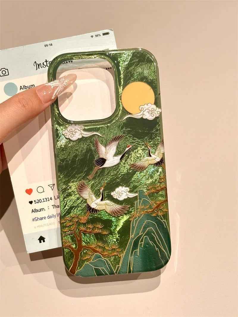 Auspicious INS Green Mountain Chinese Style Phone Case For iPhone 17AIR 17 16 15 14 13 12 11 Pro Max 7 8 Plus Mini Y2K Cover