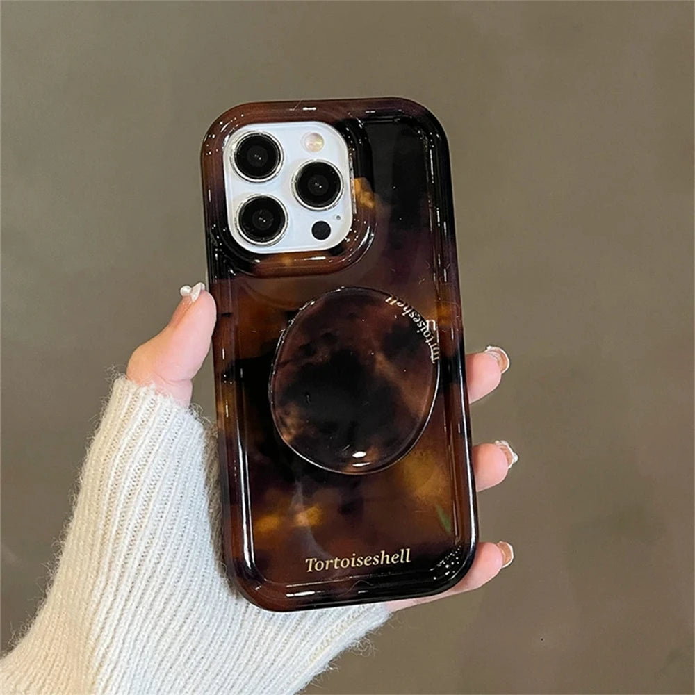 Luxury Amber Tortoiseshell Holder Case For iphone 17 16 Pro 15 14 11 12 13 Pro Max INS Korea Girl Soft Cover Stylish Shell