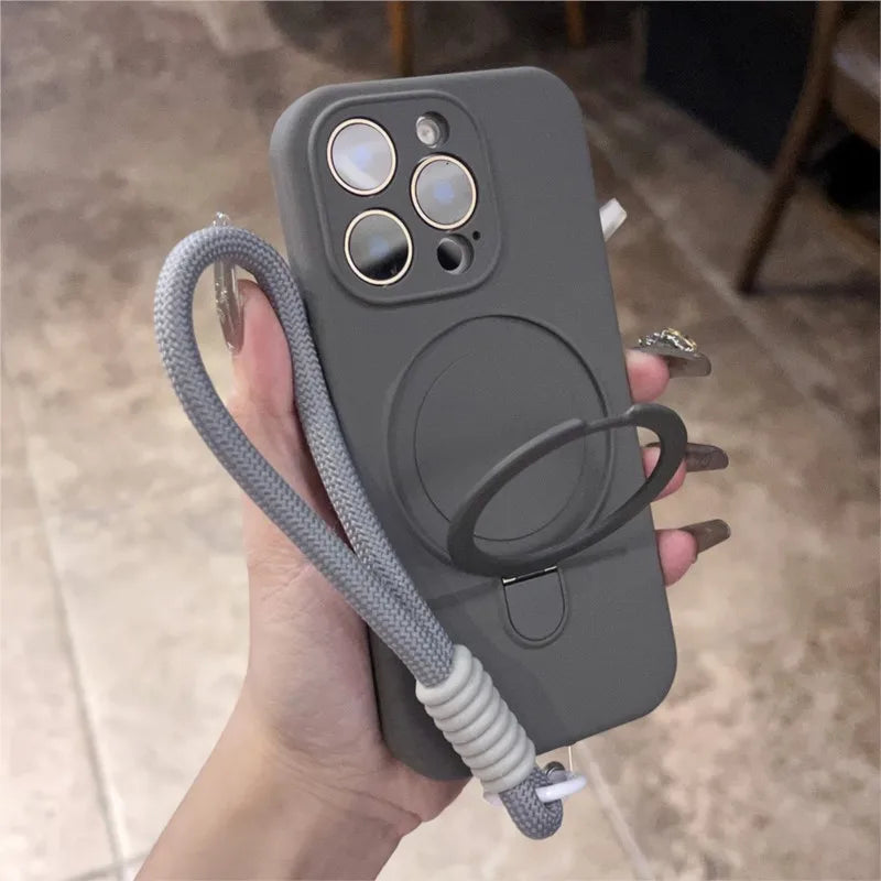 Original Liquid Silicone Soft Case for iPhone 16 15 14 Plus 13 12 11 Pro Max Metal Kickstand Holder For Magsafe Lanyard Cover