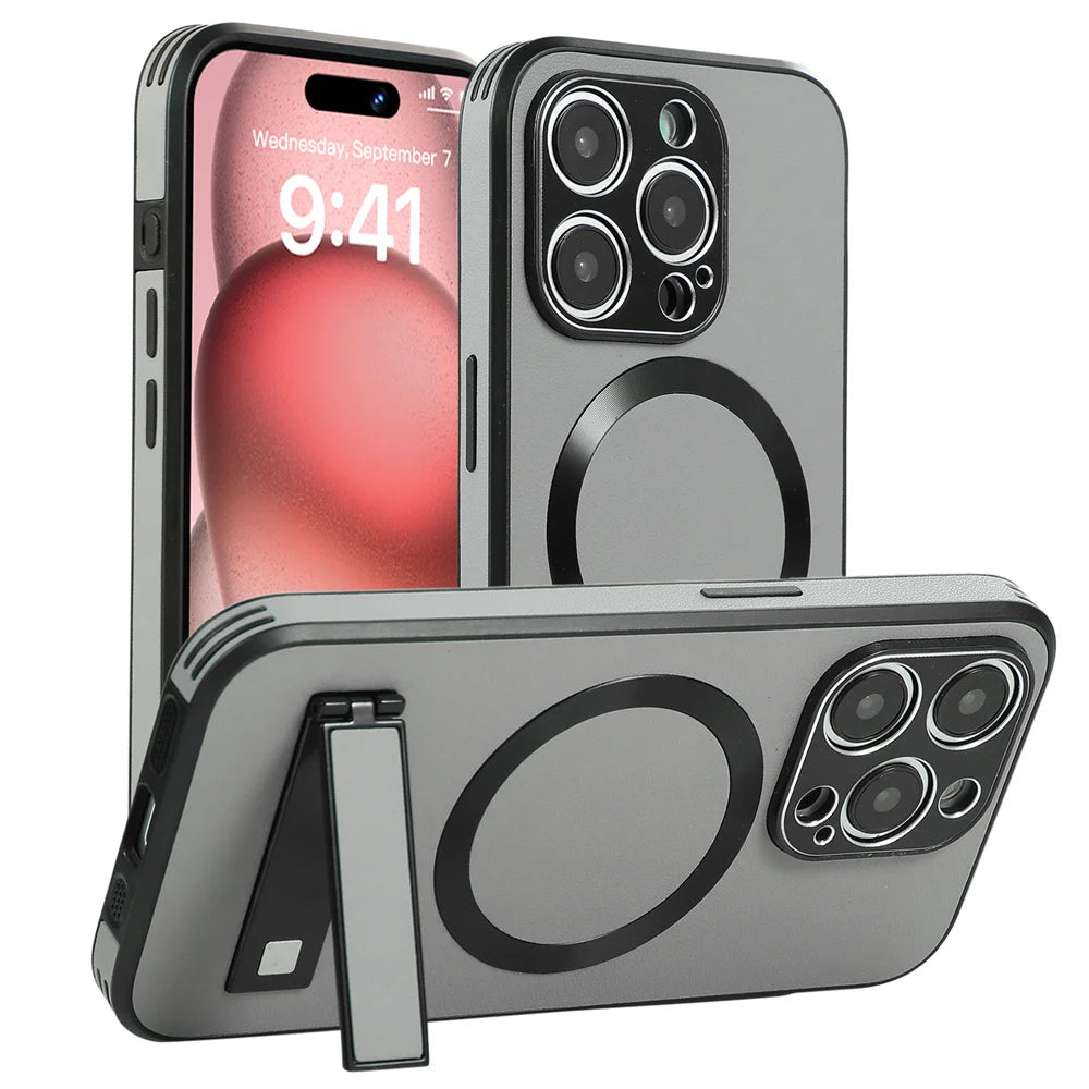 Luxury Magnetic Leather Stand Phone Case For iPhone 17 16 15 14 11 12 13 Pro Max Wireless Charging For Magsafe Shockproof Cover