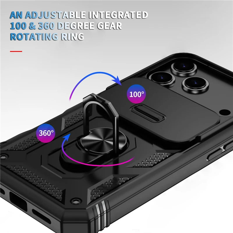 360 Degree Rotate Military Grade Armor Protection Phone Case For iPhone 17 13 15 14 16 11 12 Pro Max Plus Air Camera Slide Cover