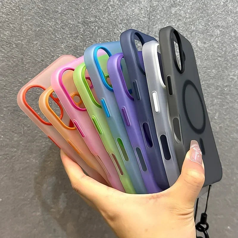 For Magsafe Candy Color Contrast Lanyard Case For iPhone 17 16 15 Pro Max 14 Plus 11 12 13 16e Hand Wrist Strap Matte Soft Cover