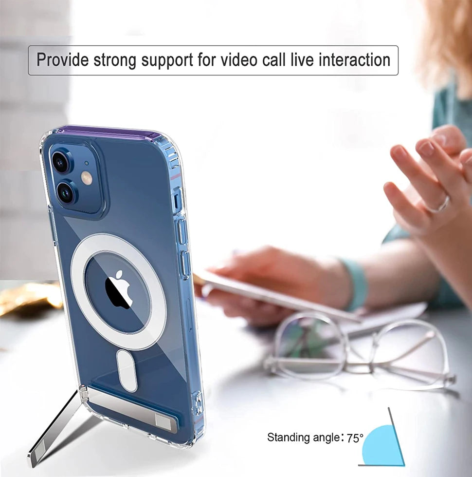Stand Clear Magnetic Phone Case for iPhone 17 Pro Max Air 13 12 Mini 16 15 14 11 Cases with Kickstand Transparent Holder Cover