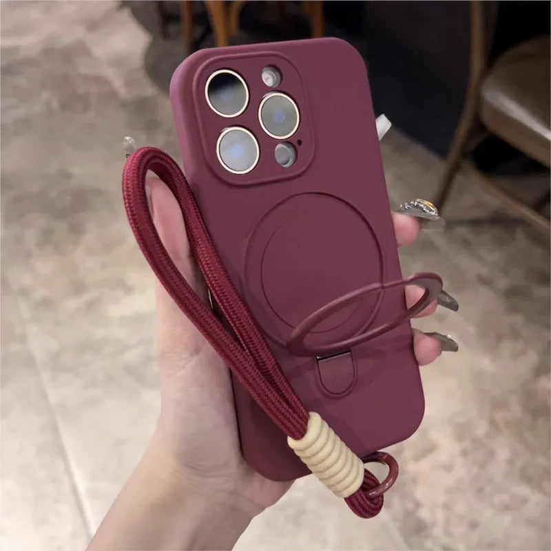 Original Liquid Silicone Soft Case for iPhone 16 15 14 Plus 13 12 11 Pro Max Metal Kickstand Holder For Magsafe Lanyard Cover