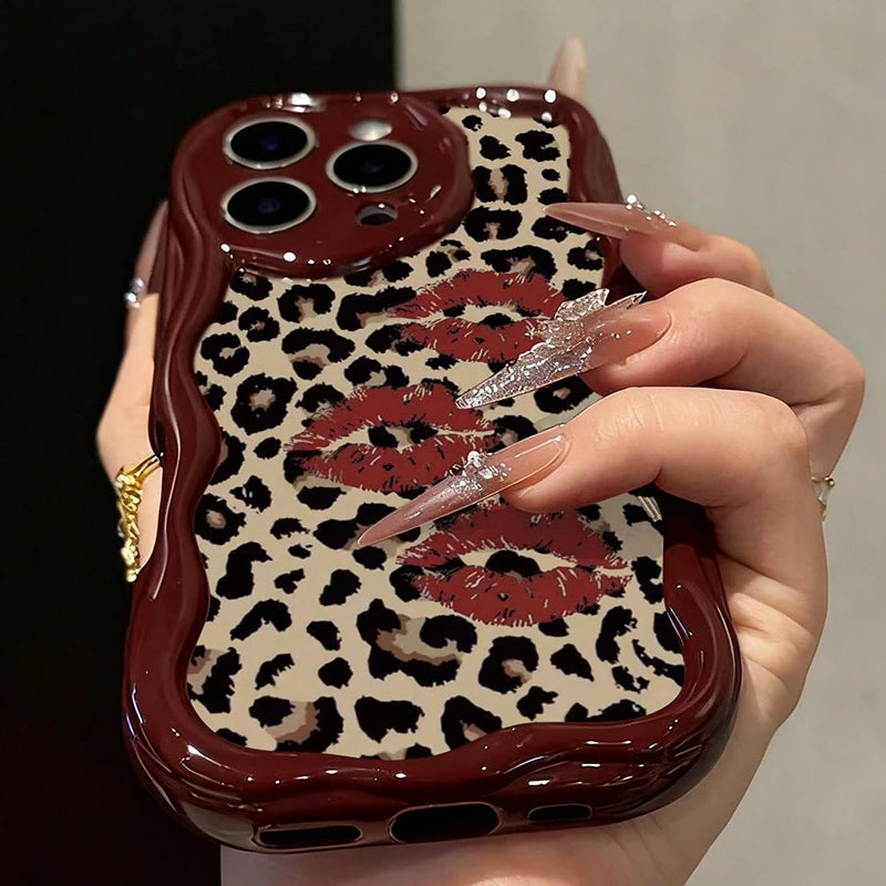 Cute Luxury Leopard Print Novelty Case For iPhone 17 16 15 14 13 12 11 Pro Max Plus 16e 17e Lip Painted Cartoon Wavy Soft Cover