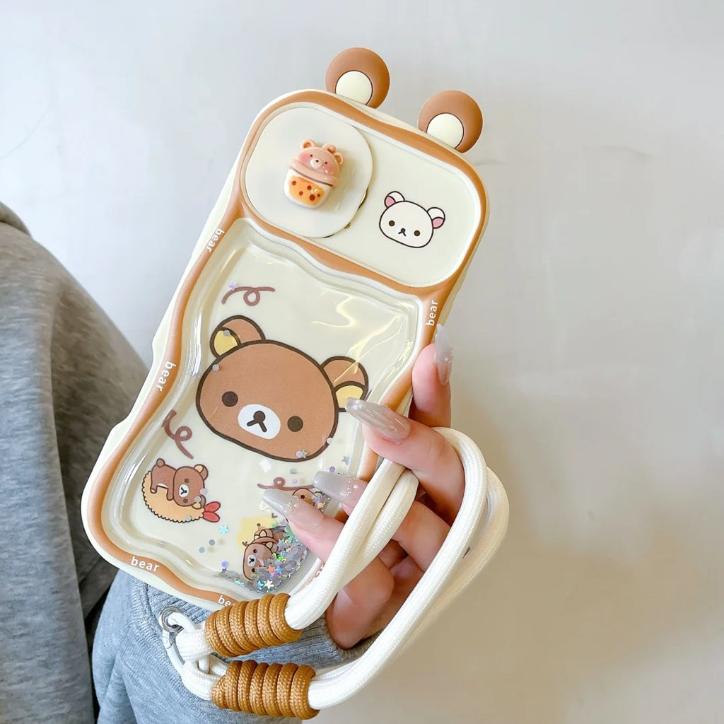INS Japan Cartoon quicksand Bear Couple Family Phone Case For iPhone 17 16 15 14 13 12 11 Pro Max XR XS Plus Anti Fall Cover