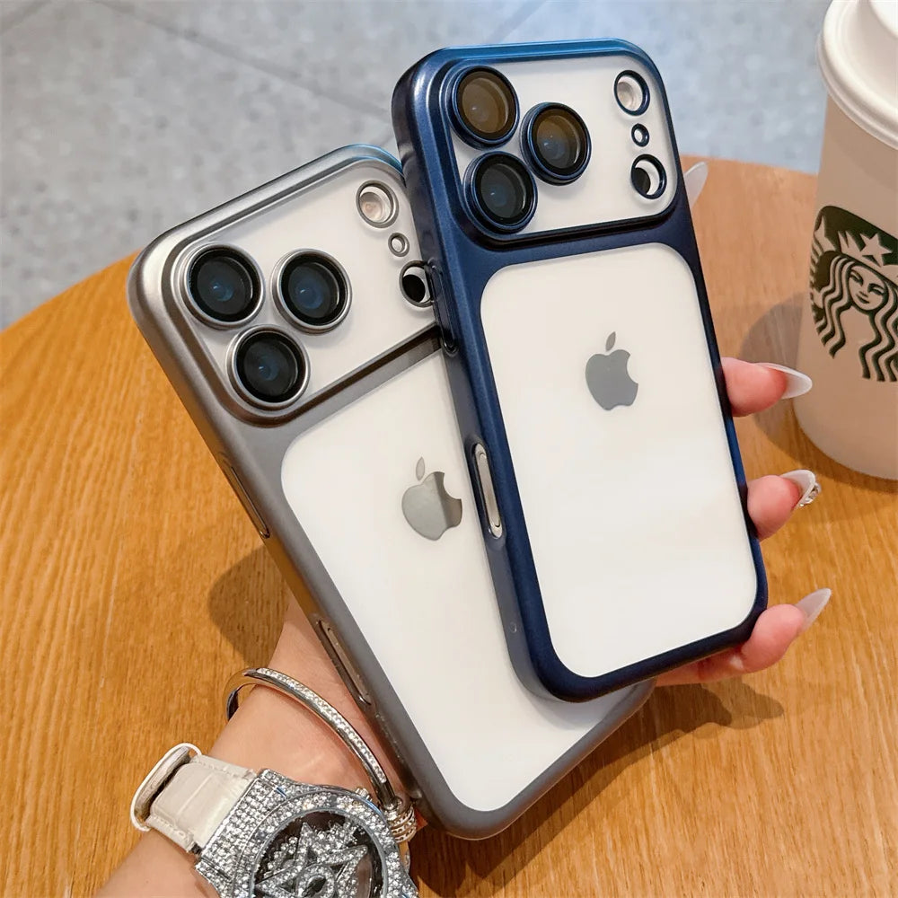 Luxury Frosted Transparent Matte Phone Case For iPhone 16 15 17 Pro Max Air 14 13 12 11 Metallic Color Frame Protection Cover
