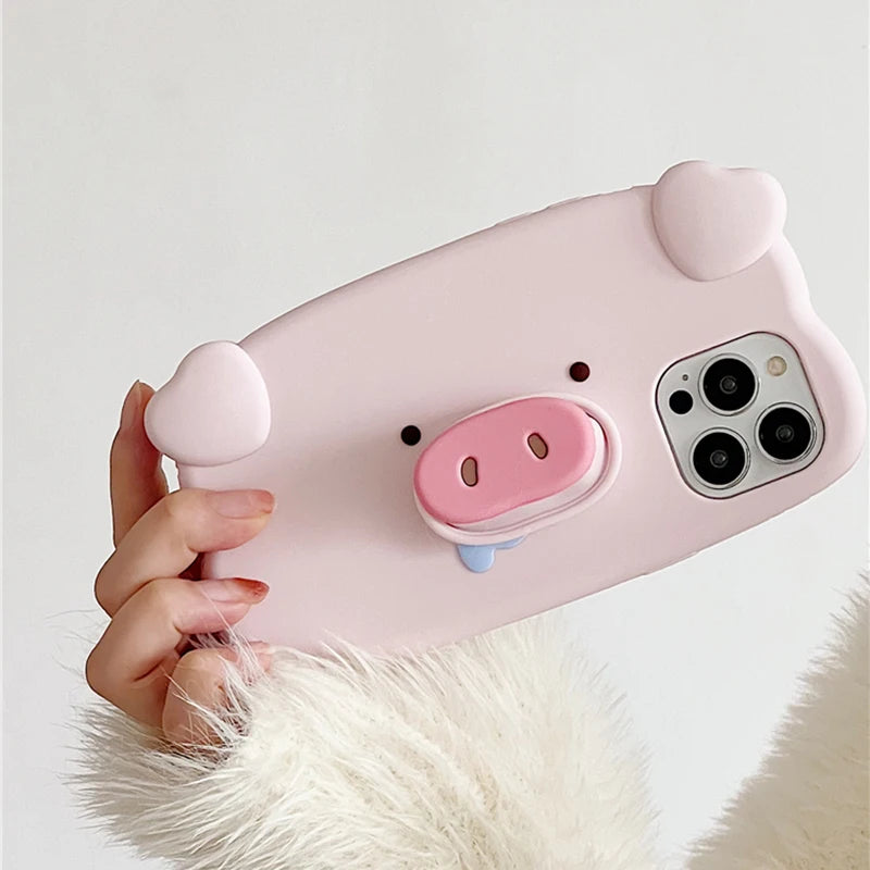 Fun 3D Pink Saliva Pig Nose Invisible Bracket Case For iPhone 13 14 15 16 17 Pro Max Cute Creative Holder Stand Shockproof Cover