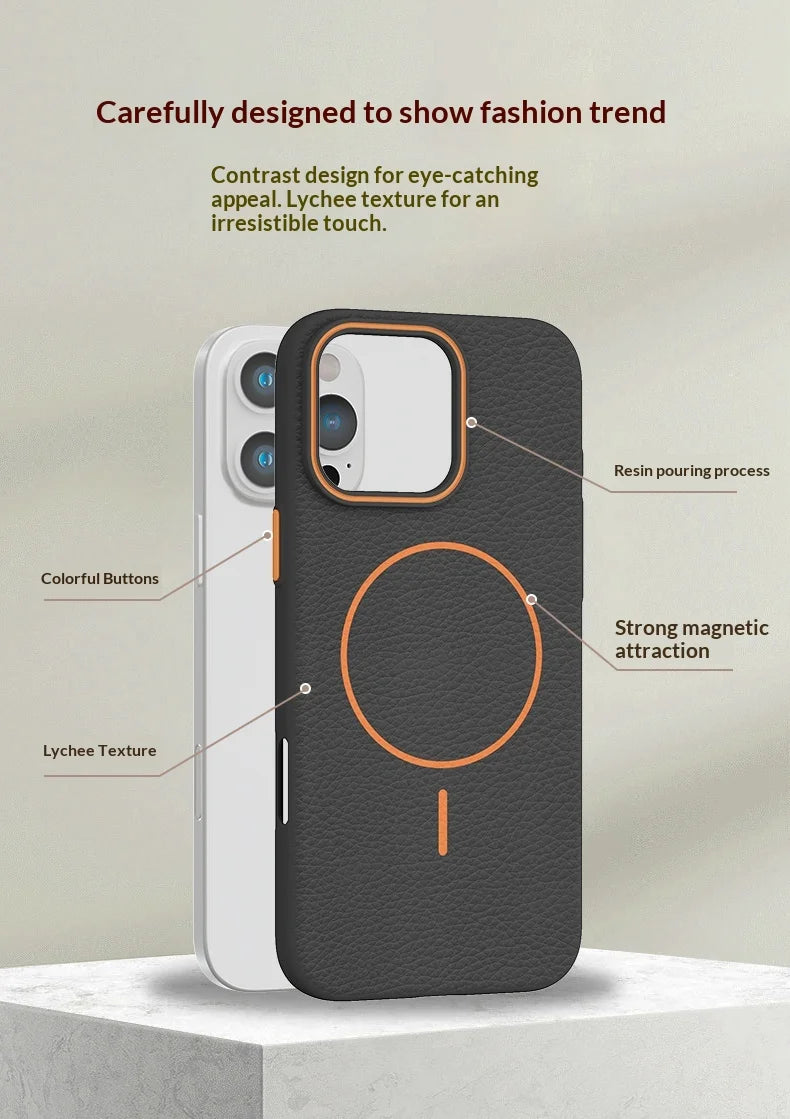 Luxury Lichee Pattern Leather Strong Magnetic Phone Case for iPhone 17 Pro Max 16 Plus 15 14 13 12 for Magsafe Shockproof Cover