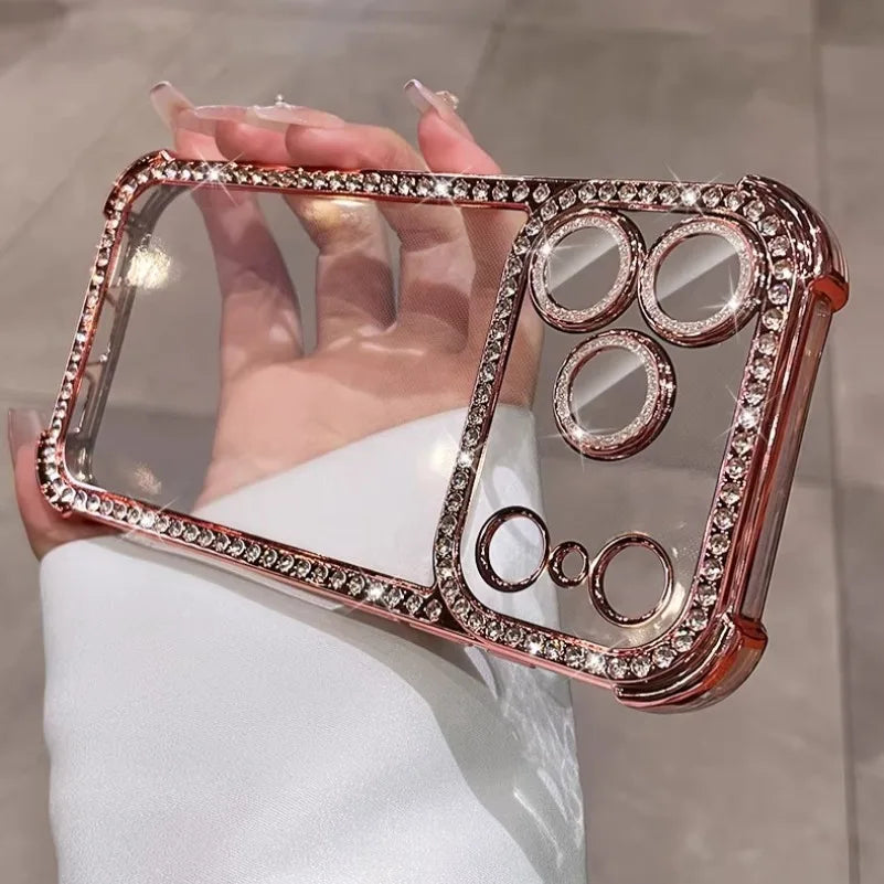 Airbag Bling Diamond Bumper Case For iPhone 17 16 15 14 13 Pro Max Glass Lens Film Transparent Plating Soft 17 16 ProMax Cover