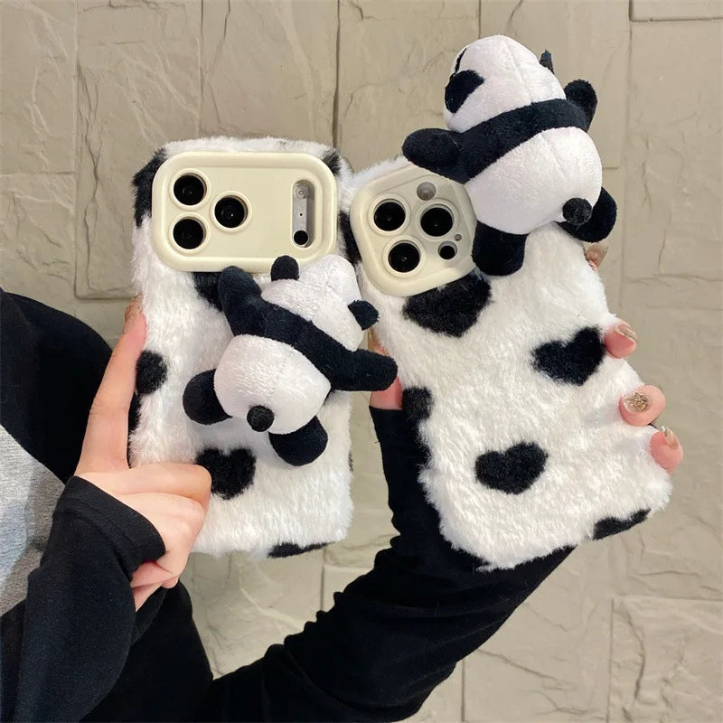 3D Cartoon Panda Doll Plush Phone Case For iPhone 17 Air 16 15 14 13 12 11 Pro Max With Wrist Strap Shockproof Protective Cover