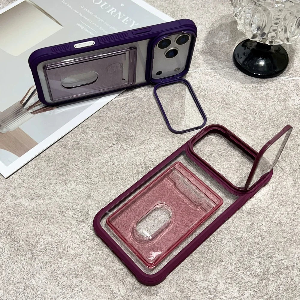 Luxury Slot Card Holder Wallet Clear Case For iPhone 11 12 13 14 15 16 17 Pro Max Air Fold Lens Stand Holder Shockproof Cover