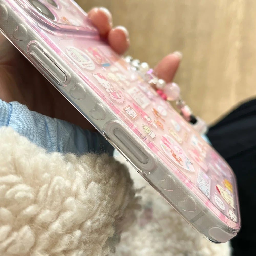 Cute Transparent Pink KT Stickers Phone Case For iPhone 17 Pro Max 14 Pro 15 Pro Max 16 Pro Max With Bracelet Shockproof Cover