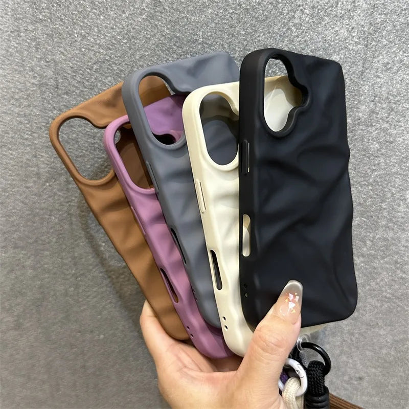 Luxury Wrinkle Matte Wrist Strap Case for iPhone 16 15 14 17 Pro Max Air 13 12 11 Lanyard Candy Solid Color Ripple Soft Cover