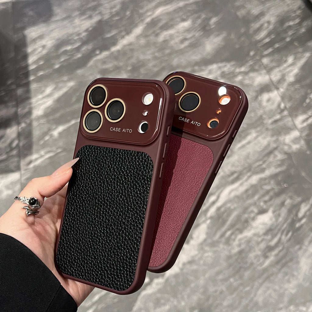 Luxury Litchi Leather Glass Lens Large Window Case For iPhone 17 16 15 14 13 Pro Max Plating Shockproof Bumper Candy Phone Cover