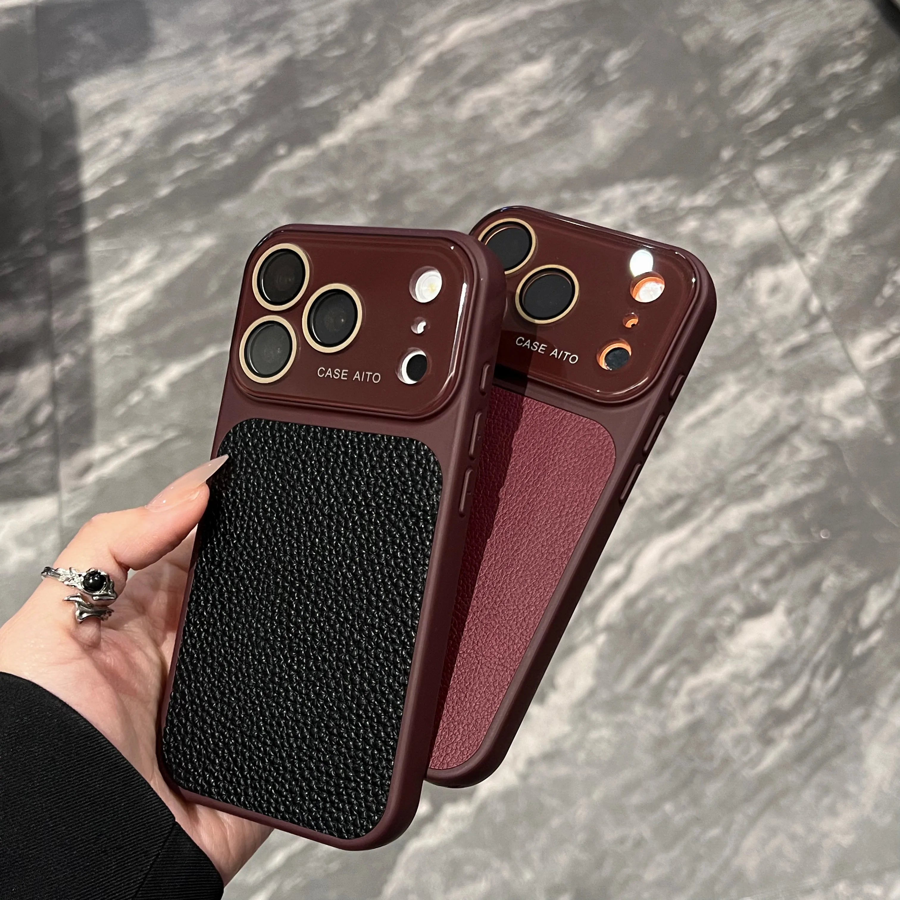 Luxury Litchi Leather Glass Lens Large Window Case For iPhone 17 16 15 14 13 Pro Max Plating Shockproof Bumper Candy Phone Cover