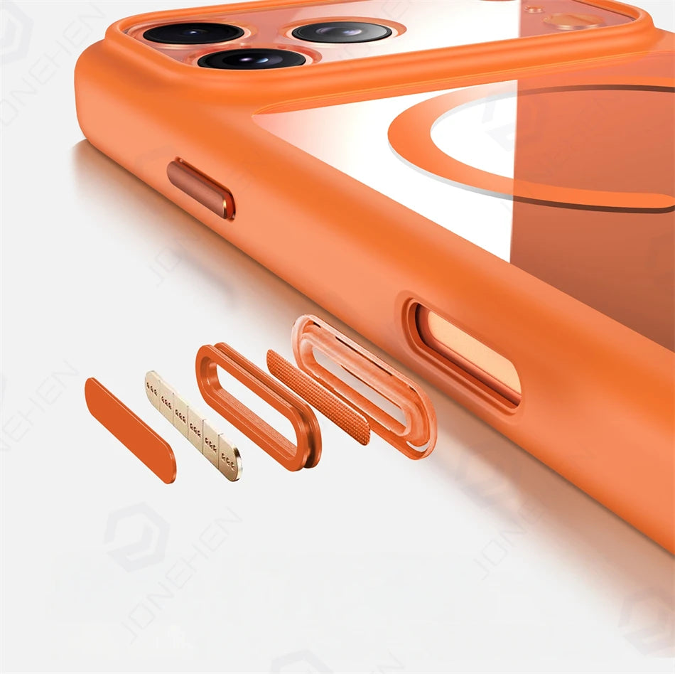 Magnetic Business Simplicity Shockproof Orange Bumper Camera Button Case For iPhone 17 16 15 14 Pro Max Clear Cover For Magsafe