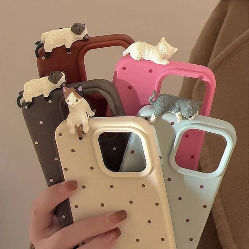 Cute 3D Cat Decorative Polka Dot Phone Case For iPhone 16 15 14 13 12 11 Pro Max 15 16 Plus Shockproof Bumper Silicone Cover