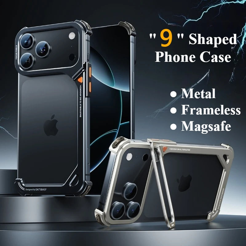 Oatsbasf 9-Shaped Phone Case for iPhone 17 Pro Max/17 Pro with Hidden Stand Metal Frameless Magnetic Minimalist Shockproof Cover