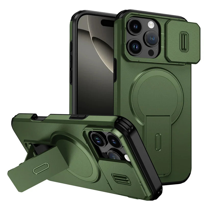 For Magsafe Magnetic Wireless Charging Case For iPhone 16 15 14 13 12 11 Pro Max Plus 16e Armor Stand Slide Lens Protector Cover