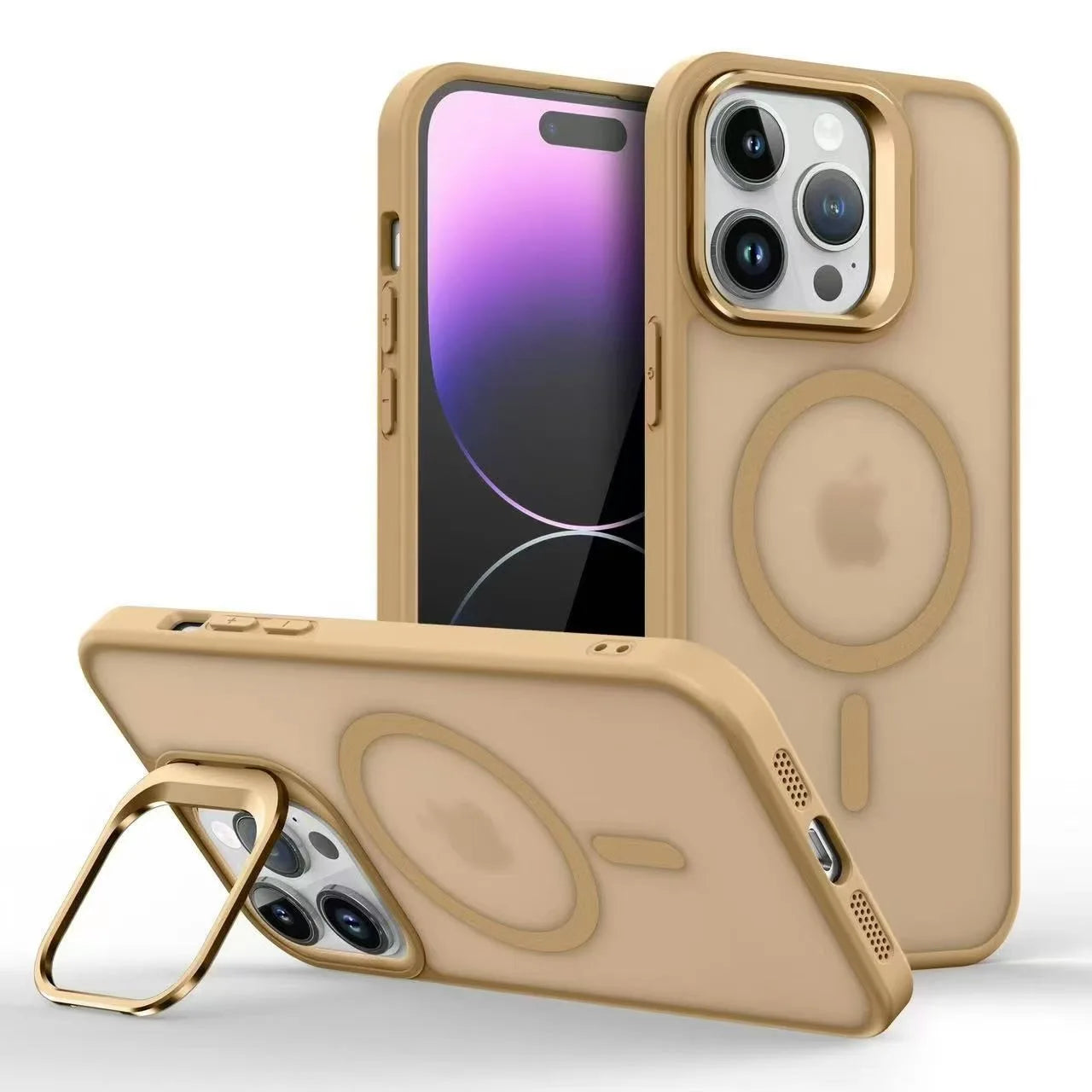 Magnetic Luxury Matte Translucent Armor Lens Stand Case For iPhone 16 15 14 13 12 11 Pro Max For Magsafe Wireless Charge Cover