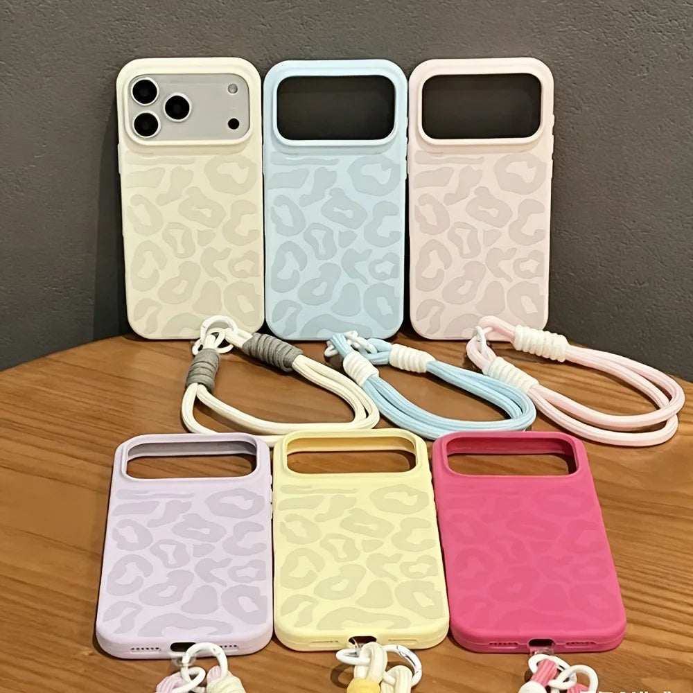 Pastel Leopard Print Phone Case For iPhone 17 16 15 14 Plus 13 12 11 Pro Max  Air With Short Wrist Strap Shockproof Soft Cover