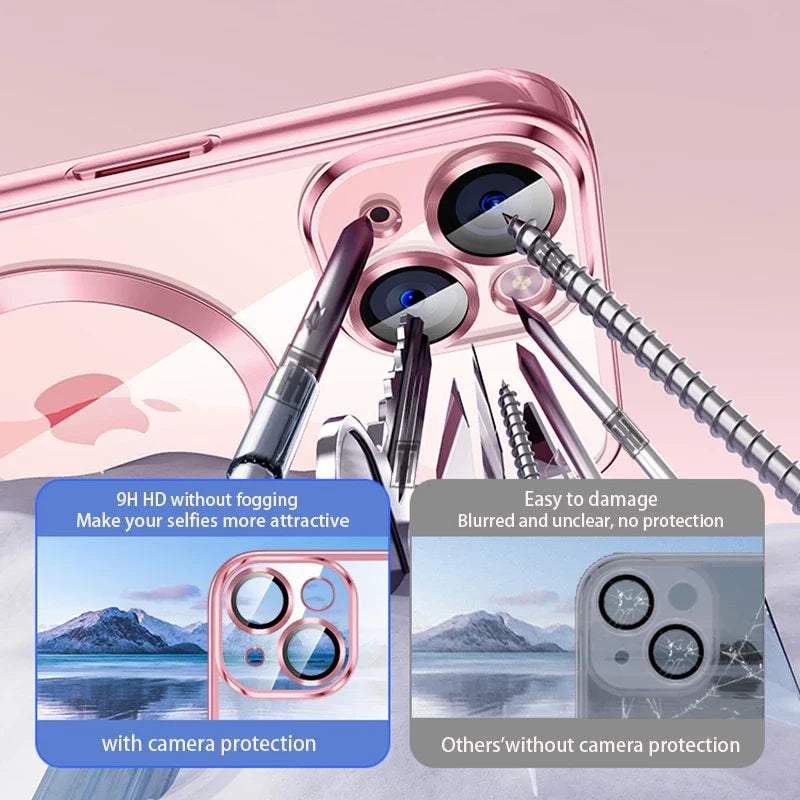 Clear Plating Ultrathin Silicone Case For iPhone 17 Air 16 15 14 13 12 11 Pro Max Magsafe Magnetic Lens Film Protect Cover Pink