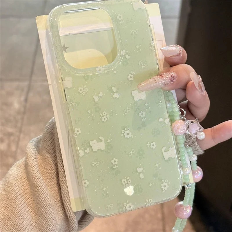Crystal transparent white light IND matcha green floral cat phone case with bead chain for iPhone 11 12 13 14 15 16 17 Pro max