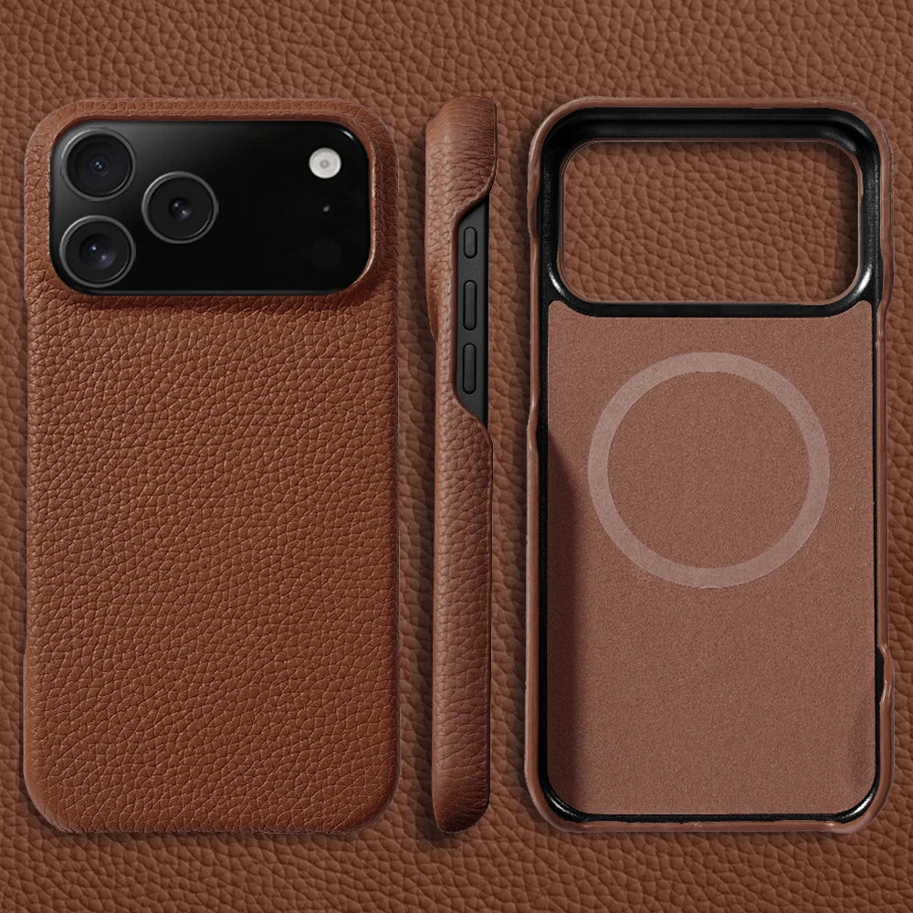 LANGSIDI Cowhide Genuine Leather for Magsafe Case for iPhone 15 16 17 Pro Max Air 17Pro 16Pro Lens Protective Shockproof Cover