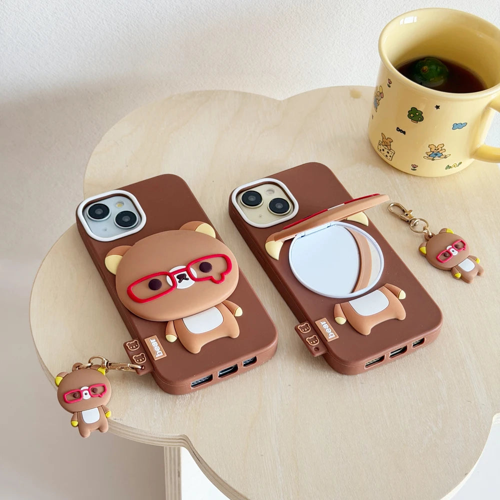 Rilakkuma Bear Hide Makeup Mirror Phone Case For iPhone 17 16 15 14 13 Pro Max 3D Cute Cartoon Soft Silicone Cover With Pendant