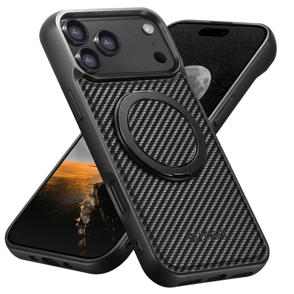 SUTENI Magnet Wireless Charging Mobile Phone Case 360° Rotating Stand Faux Leather Ring Buckle For iPhone 17 Pro Max 16 Plus 15