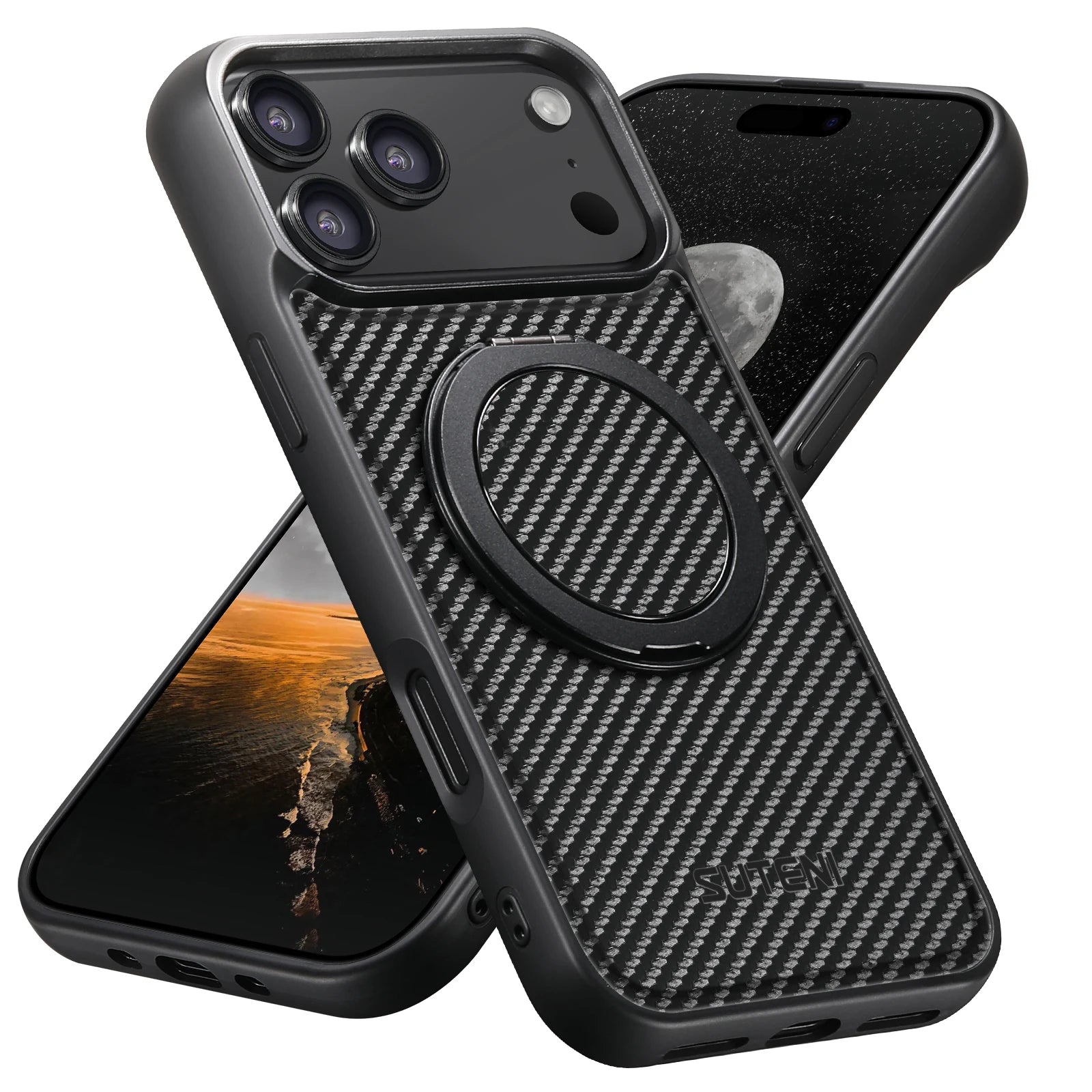 SUTENI Magnet Wireless Charging Mobile Phone Case 360° Rotating Stand Faux Leather Ring Buckle For iPhone 17 Pro Max 16 Plus 15