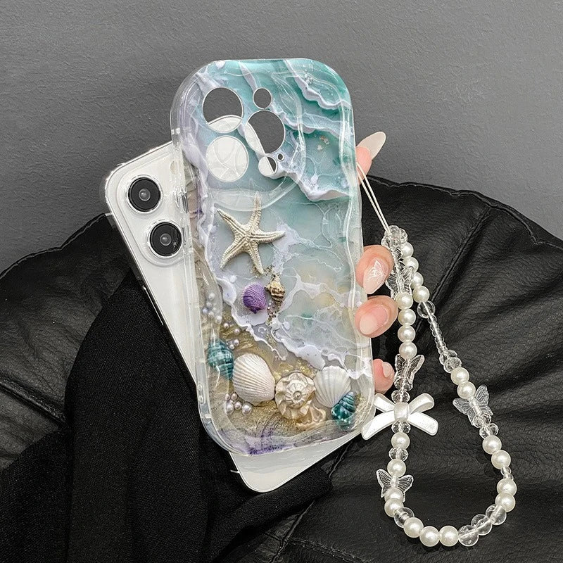 Beach Seashell Starfish Pattern Phone Case For iPhone 17 16 15 14 13 12 11 Pro Max 16E 17E With Lanyard Clear Wavy-edge Cover