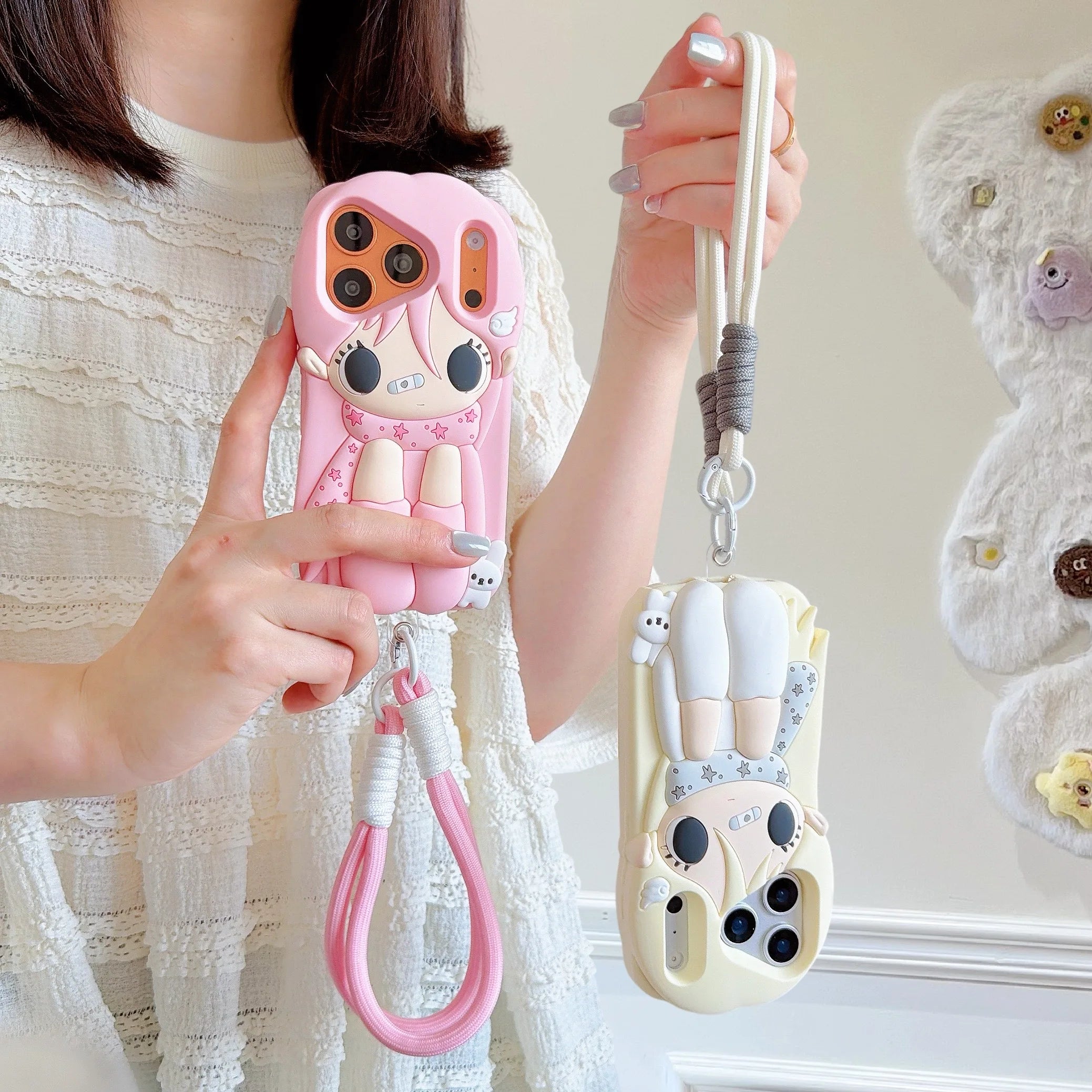 For iPhone 17Pro Max 16 Plus 15 14 13 12 Pro Max Phone Case 3D Cartoon Y2K Cute Little Girl Soft Silicone Cover With Lanyard