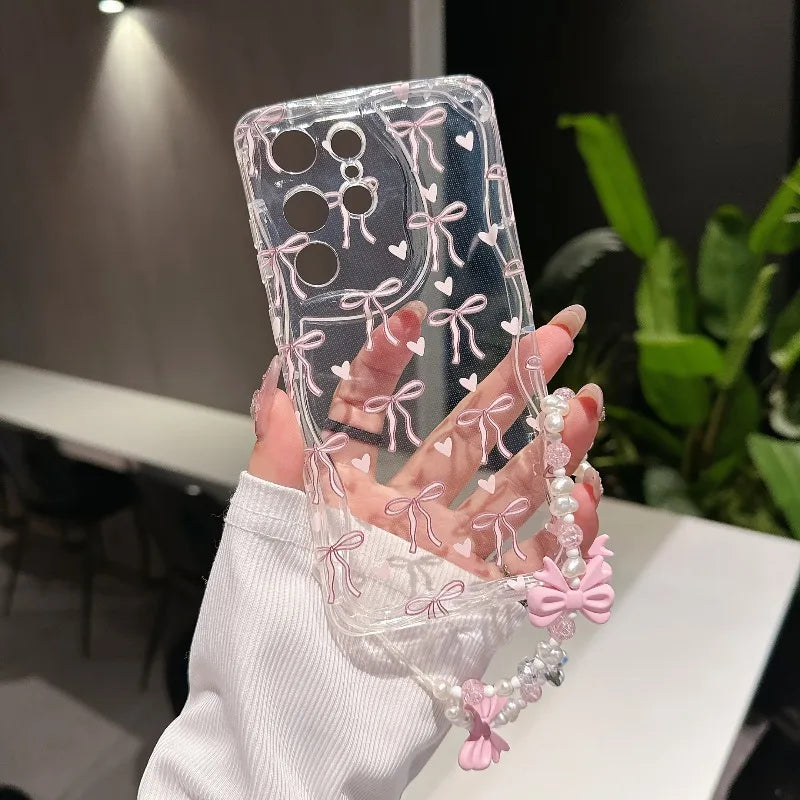 Cute Pink Bowknot Phone Case For iPhone 17 Air 16 15 14 13 12 11 Pro Max 7 8 Plus 16E XR X XS Max Shockproof Transparent Cover