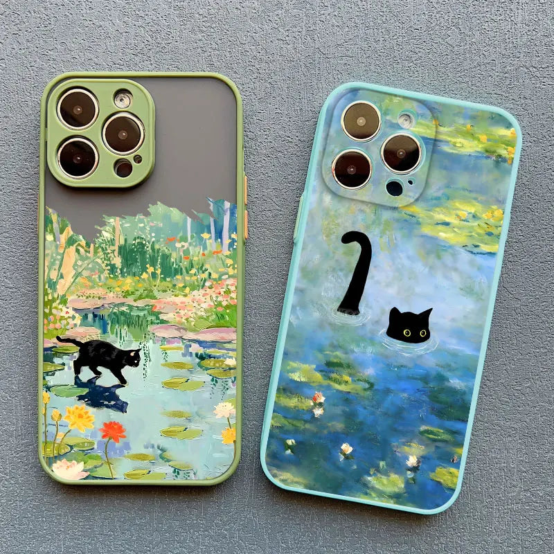 Anime Landscape Painting Cute Cat Phone Case For iPhone 17 16 15 14 Pro Max Plus 11 12 13 Mini Pro Max Shockproof Back Covers