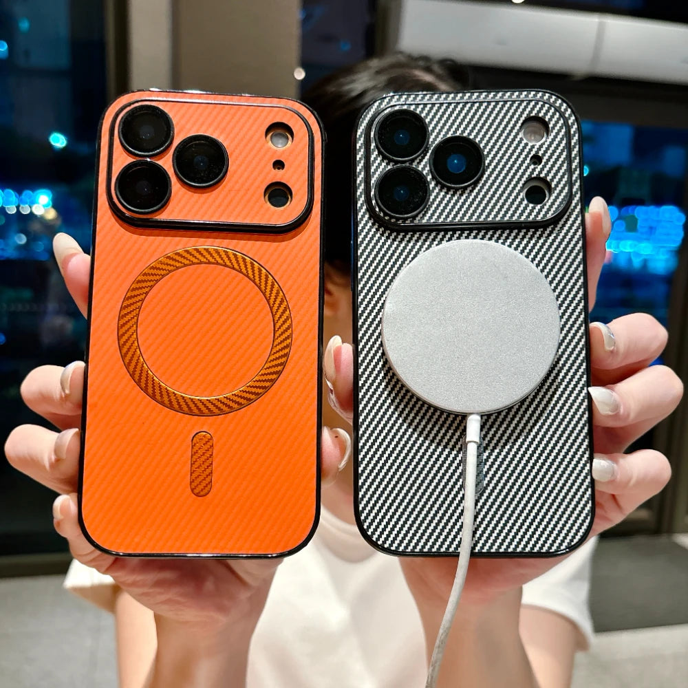 Luxury Magnetic Matte Carbon Fiber  Leather Phone Case for IPhone 17 16 15 14 13 Pro Max for Magsafe Protective  Cases Cover