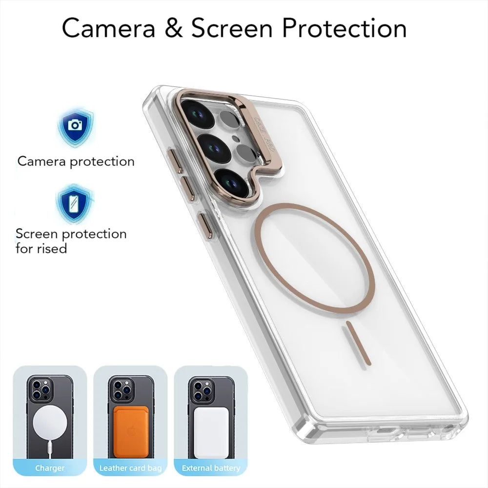 Luxury Clear For Magsafe Magnetic Lens Stand Holder Phone Case For Samsung S25 Ultra S24 S23 Plus FE A06 A07 A16 A17 A26 Cover