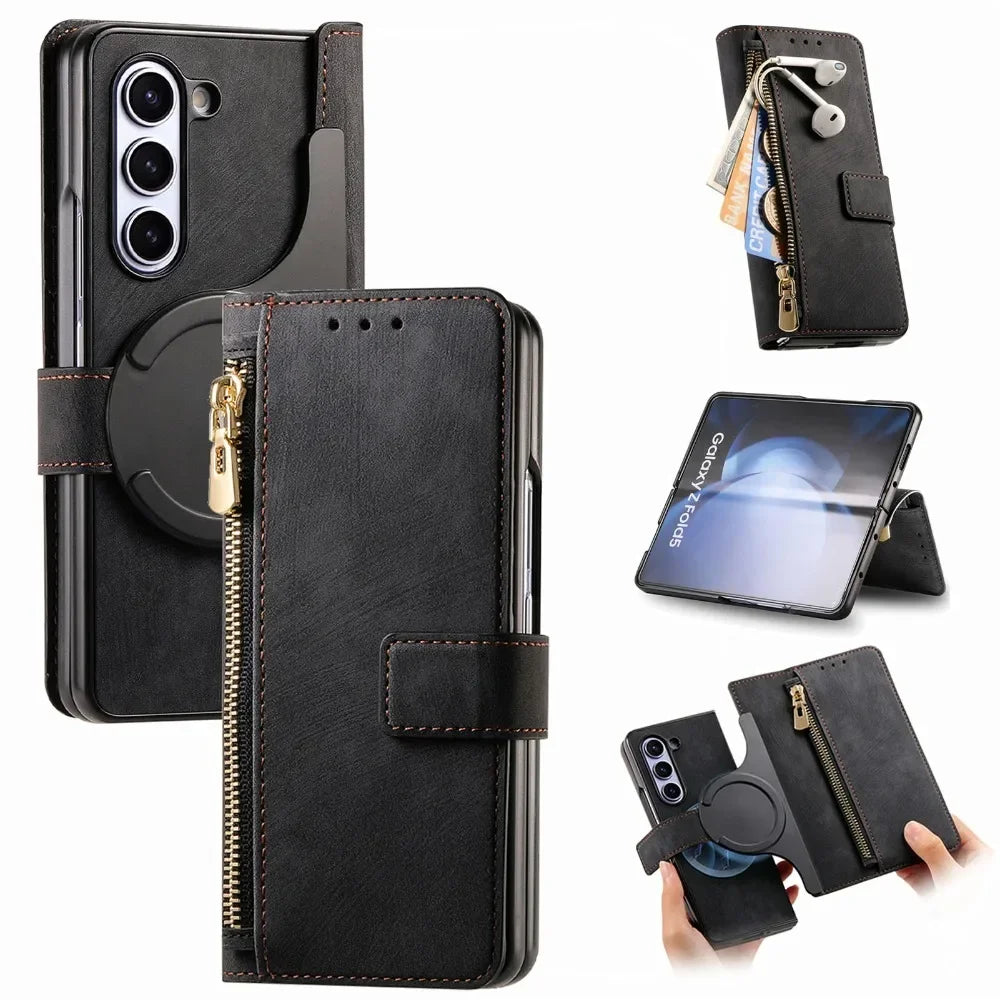 2 in 1 Detachable Zipper Cards Solt Wallet Phone Case for Samsung Galaxy Z Fold 7 6 5 4 3 Fold7 Fold6 Fold5 Fold4 Leather Cover